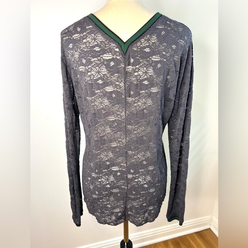 Free People All Day Lace Long Sleeve Top Gray Lace Green Trim SZ L EUC - Picture 6 of 8